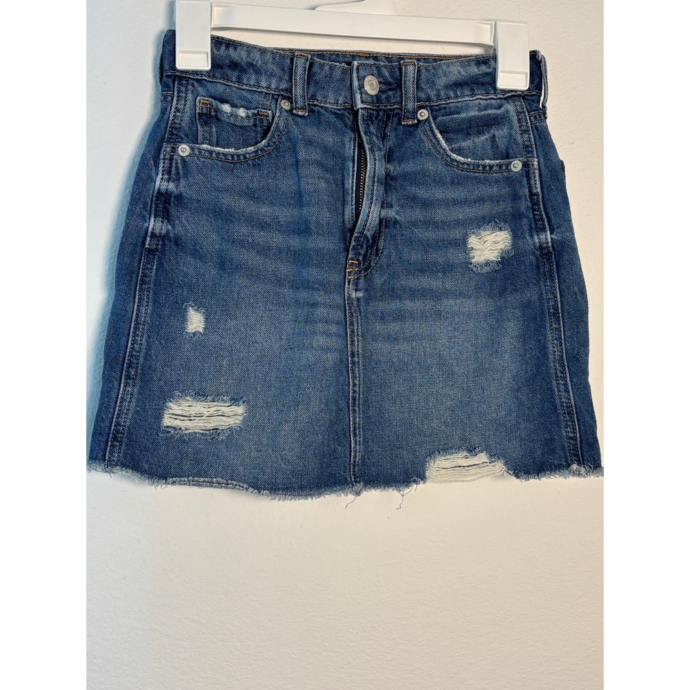 Gap Kids Girls Blue‎ Distressed Denim Mini Skirt Size 12 Frayed Hem Medium Wash